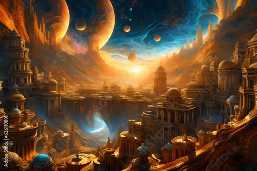 mountainous inverted city of colorful misty and boling twisted rain, complex fractal swirling clouds of golden sun and planets, stars and nebulae above and below, sharp. generated by AI tools. photo