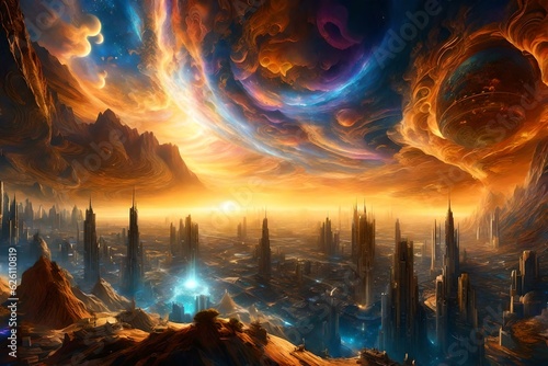 mountainous inverted city of colorful misty and boling twisted rain  complex fractal swirling clouds of golden sun and planets  stars and nebulae above and below  sharp. generated by AI tools.