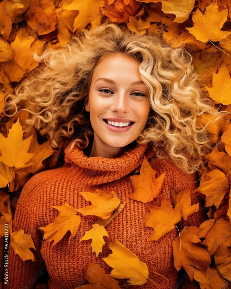 portrait high angle girl, autumn leaves