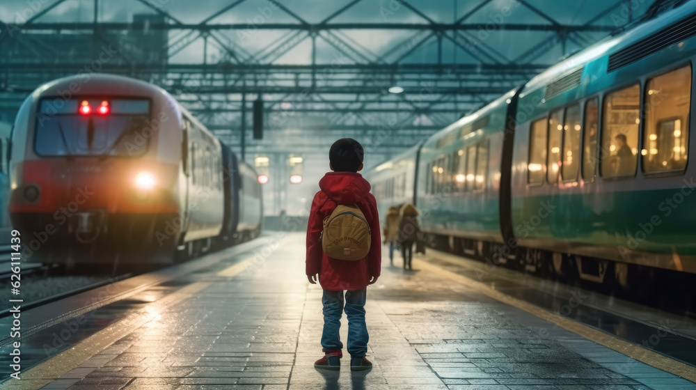 A kid is waiting for the train at the station A kid is waiting for the train at the station
