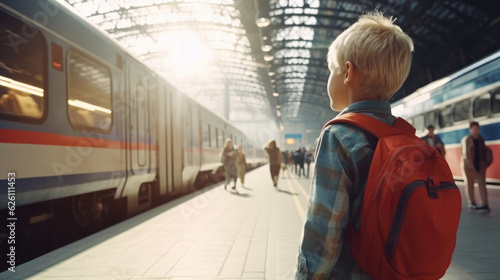 A kid is waiting for the train at the station