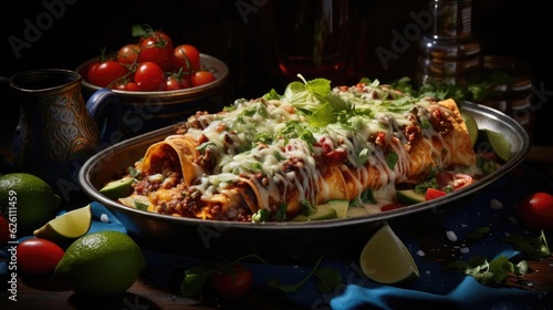 enchiladas stuffed with vegetables and meat with melted mayonnaise on a wooden table