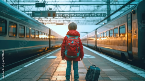 A kid is waiting for the train at the station