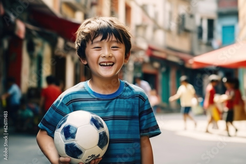 Chinese boy is staying on a asian street background and holding his soccer ball  © zakiroff