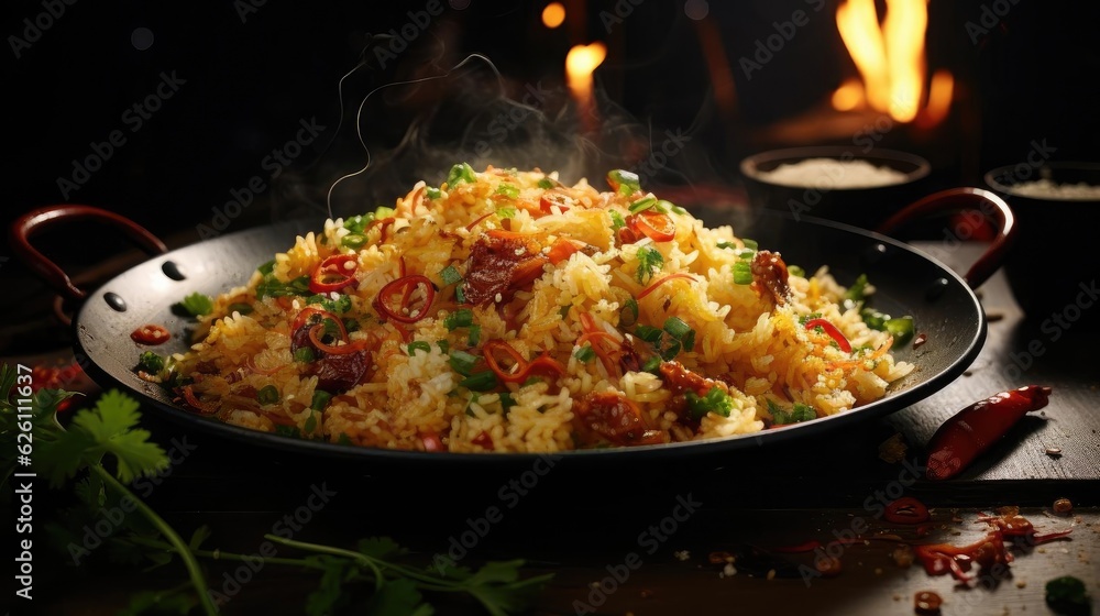 Fried rice with chopped vegetables and meat on a plate with a blurry background Fried rice with chopped vegetables and meat on a plate with a blurry background