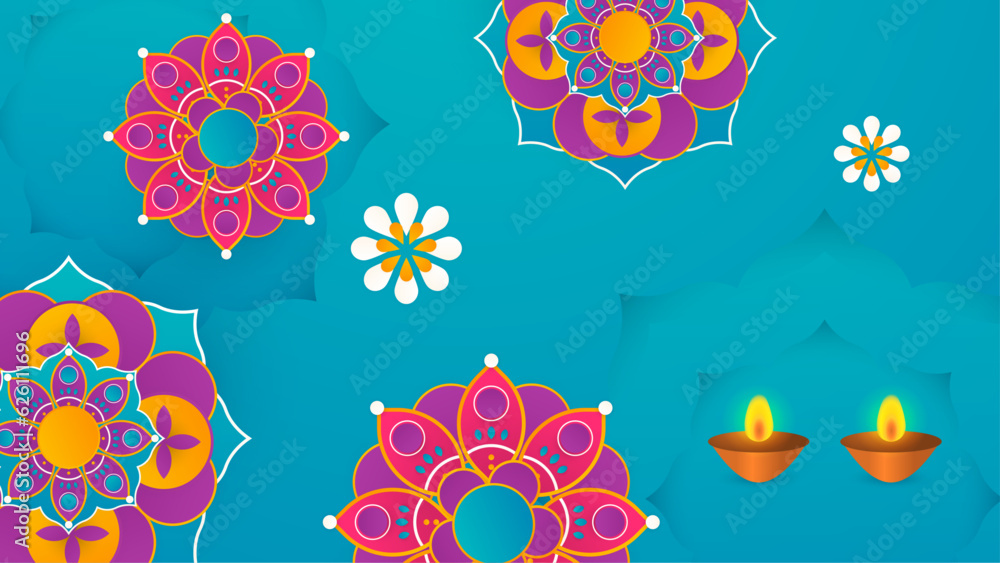Fototapeta premium Happy Diwali. Paper Graphic of Indian Rangoli. Rangoli - A traditional Indian art of decorating the entrance to a house. Diwali festival holiday design with paper cut style of Indian Rangoli.