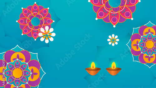 Happy Diwali. Celebrating the festival of lights. Background with the paper graphic of Indian Rangoli and flowers.