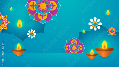 Colorful clay diya lamps with flowers on background