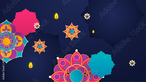 Diwali festival holiday design with paper cut style of Indian Rangoli. Colorful background, vector illustration.