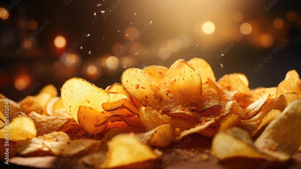 Potato Chips with a sprinkling of savory salty spices on a wooden table with a blurred background, Potato Chips with a sprinkling of savory salty spices on a wooden table with a blurred background,