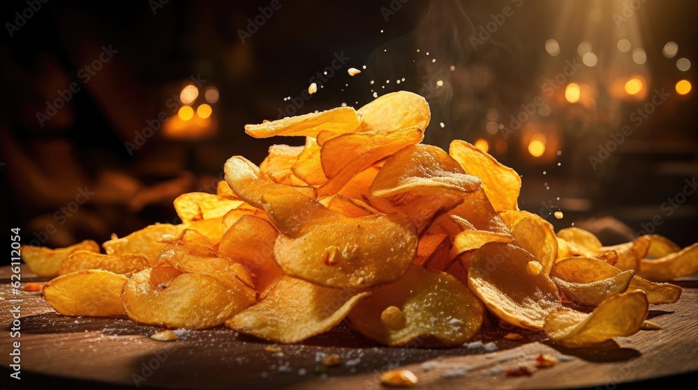 Potato Chips with a sprinkling of savory salty spices on a wooden table with a blurred background, Potato Chips with a sprinkling of savory salty spices on a wooden table with a blurred background,