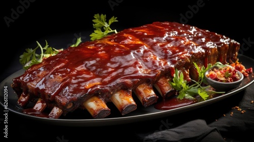 smoky barbeque ribs with barbeque sauce and chopped vegetables on a wooden table