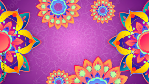 Colorful clay diya lamps with flowers on background
