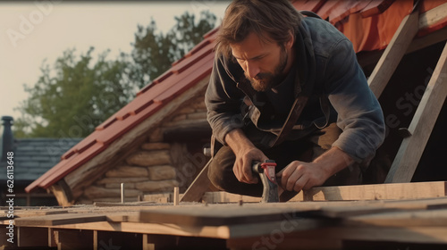 Carpenter builds a roof on the house