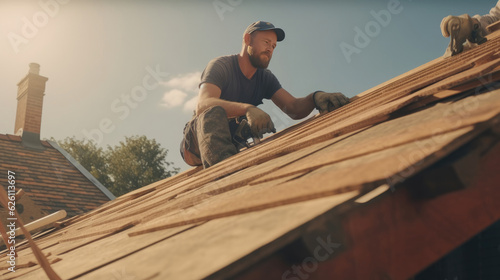 Carpenter builds a roof on the house