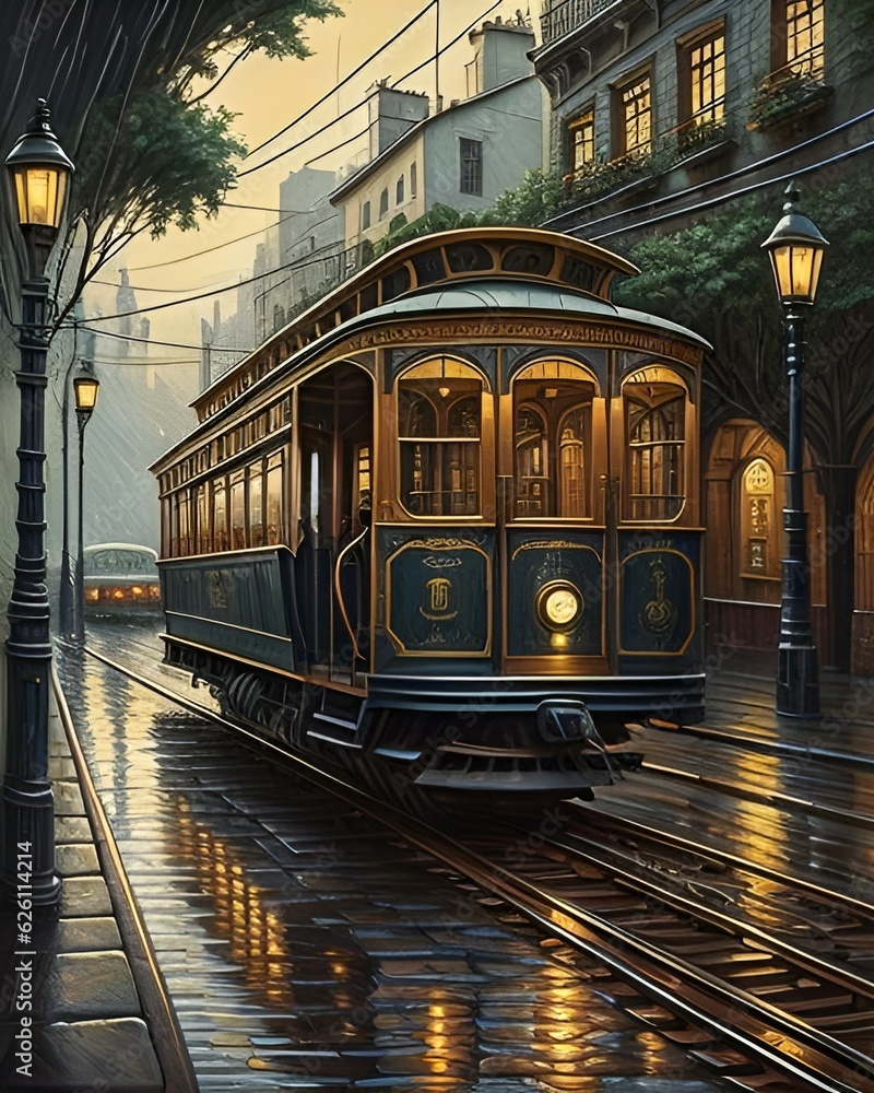 tram in the city. A painting of a trolley on a city street.