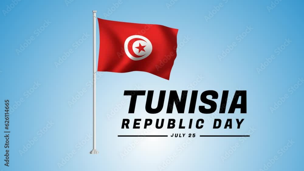 Tunisia Republic Day animation greeting card with Tunisia waving flag