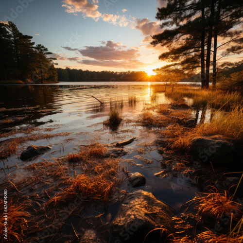 Capture the beauty of a peaceful lake at sunset 