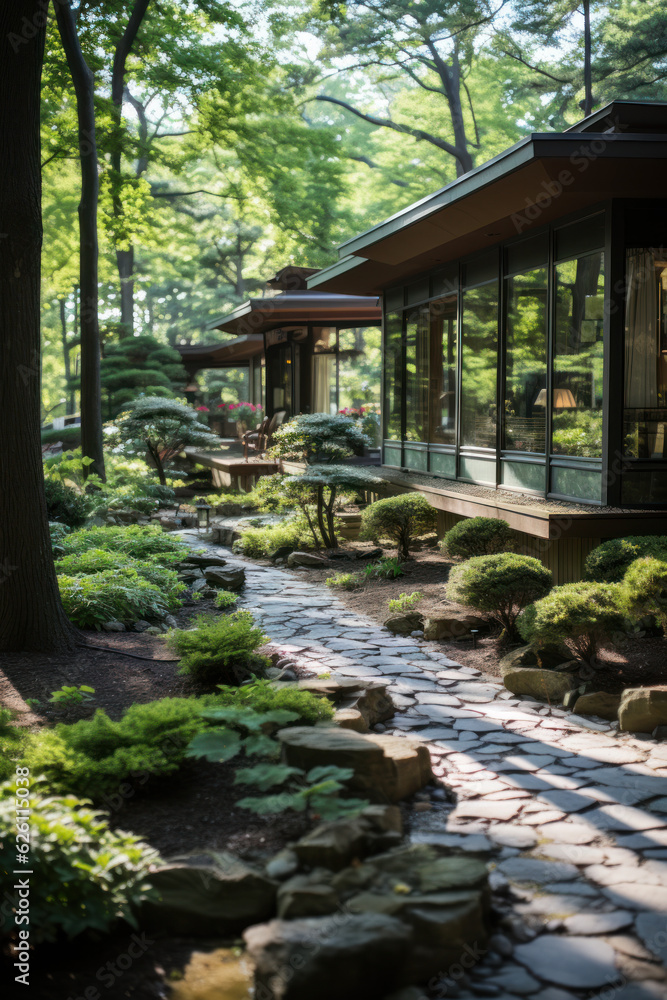 A bamboo hut in a serene zen garden surrounded
A bamboo hut in a serene zen garden surrounded