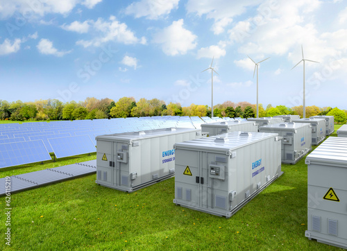 Amount of energy storage systems or battery container units with solar and turbine farm