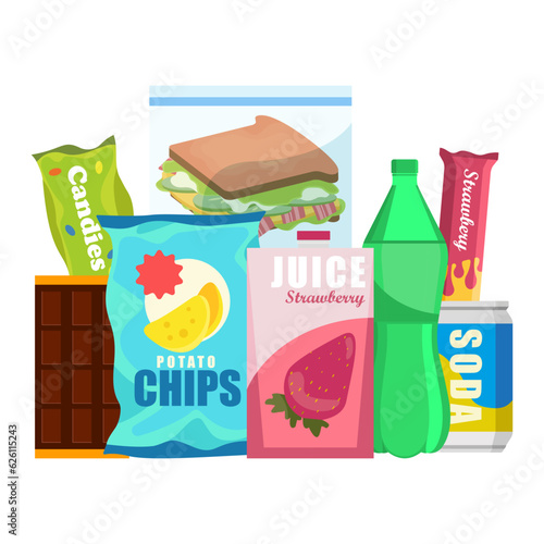 Snack product set, fast food snacks, drinks, nuts, chips, cracker, juice, sandwich isolated on white background. Unhealthy junk food. Flat illustration in vector