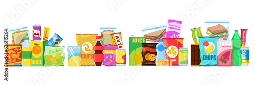 Snack product set, fast food snacks, drinks, nuts, chips, cracker, juice, sandwich isolated on white background. Unhealthy junk food. Flat illustration in vector