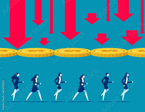 Huge coin blocking the falling arrow helps a group of business team to clear a new way. Business vector illustration concept