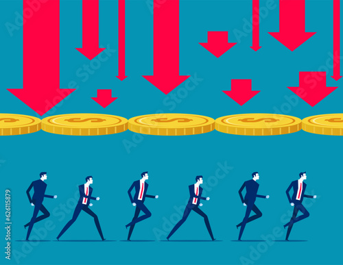Huge coin blocking the falling arrow helps a group of business team to clear a new way. Business vector illustration concept
