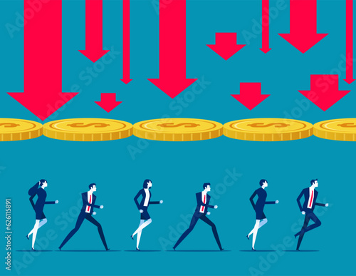Huge coin blocking the falling arrow helps a group of business team to clear a new way. Business vector illustration concept