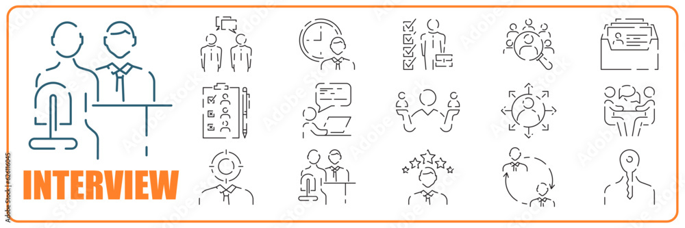Interview line icons set. Business job vector management meeting icon. Work employee and career. Progress and Personal Development Interview line icons set. Business job vector management meeting icon. Work employee and career. Progress and Personal Development
