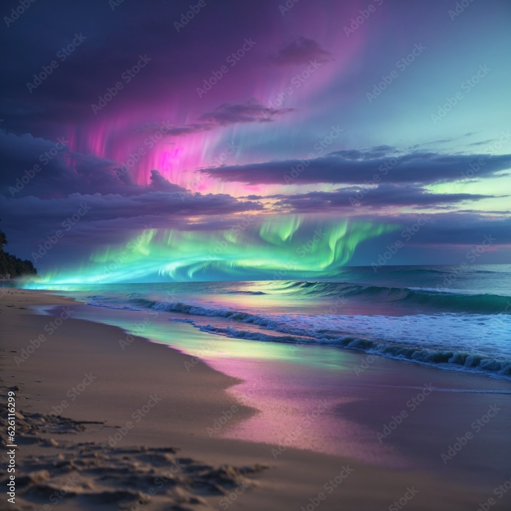 Aurora on Beach, AI Generated Aurora on Beach, AI Generated