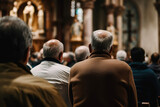 People seen from behind in a church for prayer. Generative AI
