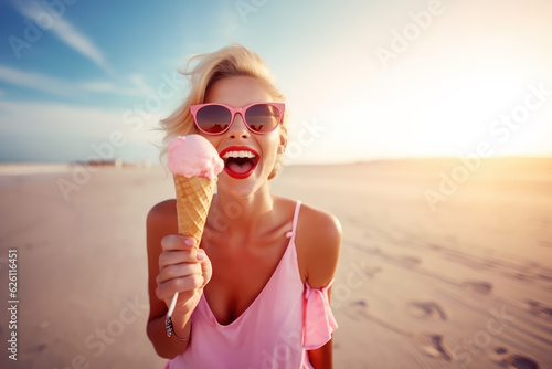 Beautiful young woman eating pink ice cream in a cone while standing on the beach with copy space.