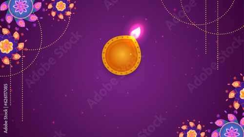 Diwali festival holiday design with style of Indian Rangoli. Purple color on yellow background, vector illustration.