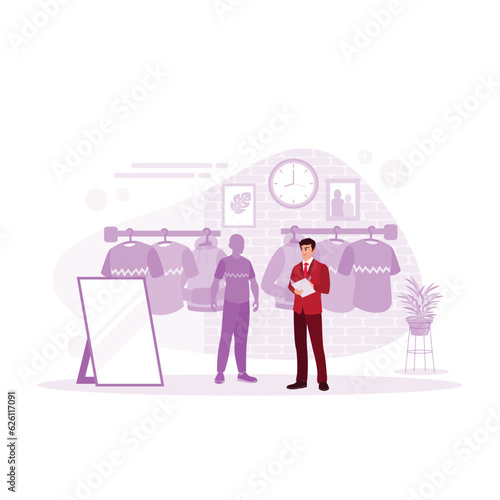 clothing store. Sales retail manager checking stock using a tablet. A clothing store business owner orders goods via his smartphone. Trend Modern vector flat illustration