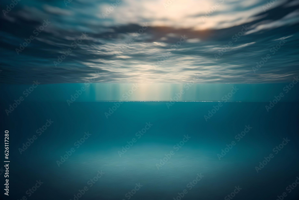 Underwater view of seascape with sunbeams and blue sky. AI Generated.