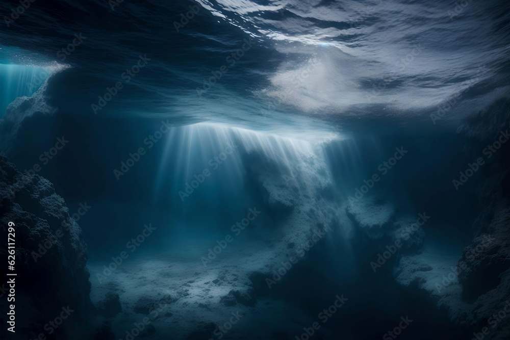 Underwater view of underwater cave with light rays coming out of water. AI Generated.