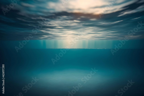 Underwater view of seascape with sunbeams and blue sky. AI Generated.