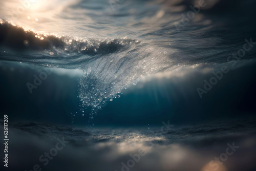 Underwater view of ocean wave with sun rays. AI Generated.