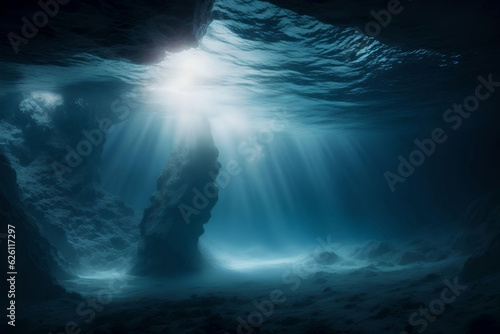 Underwater view of underwater cave with light rays coming out of water. AI Generated.