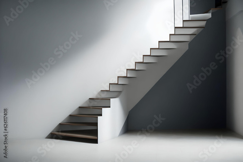 staircase in a room with white walls and a dark floor. AI Generated.