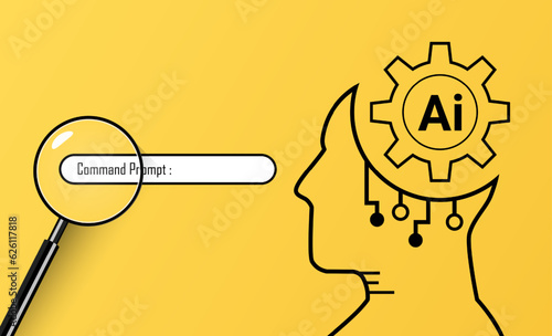 Artificial intelligence virtual by enter command prompt for generates something, futuristic technology transformation with magnifying glass and head symbol