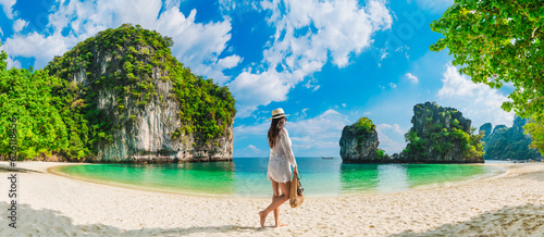 Panorama traveler woman on vacation beach joy nature scenic landscape Hong island Krabi, Attraction famous landmark tourist travel Phuket Thailand summer holiday trip, Beautiful destination place Asia