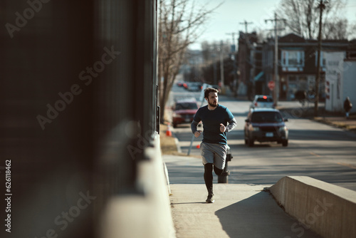 Young adult man jogging on a bridge