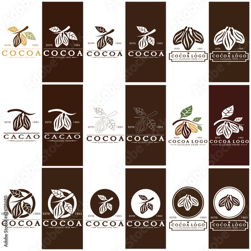 cocoa logo,cocoa bean,cocoa tree,cocoa branches and leaves,chocolate mix on white background,vintage,modern,simple,minimalist icon illustration template design vector