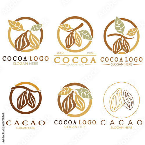 cocoa logo,cocoa bean,cocoa tree,cocoa branches and leaves,chocolate mix on white background,vintage,modern,simple,minimalist icon illustration template design vector