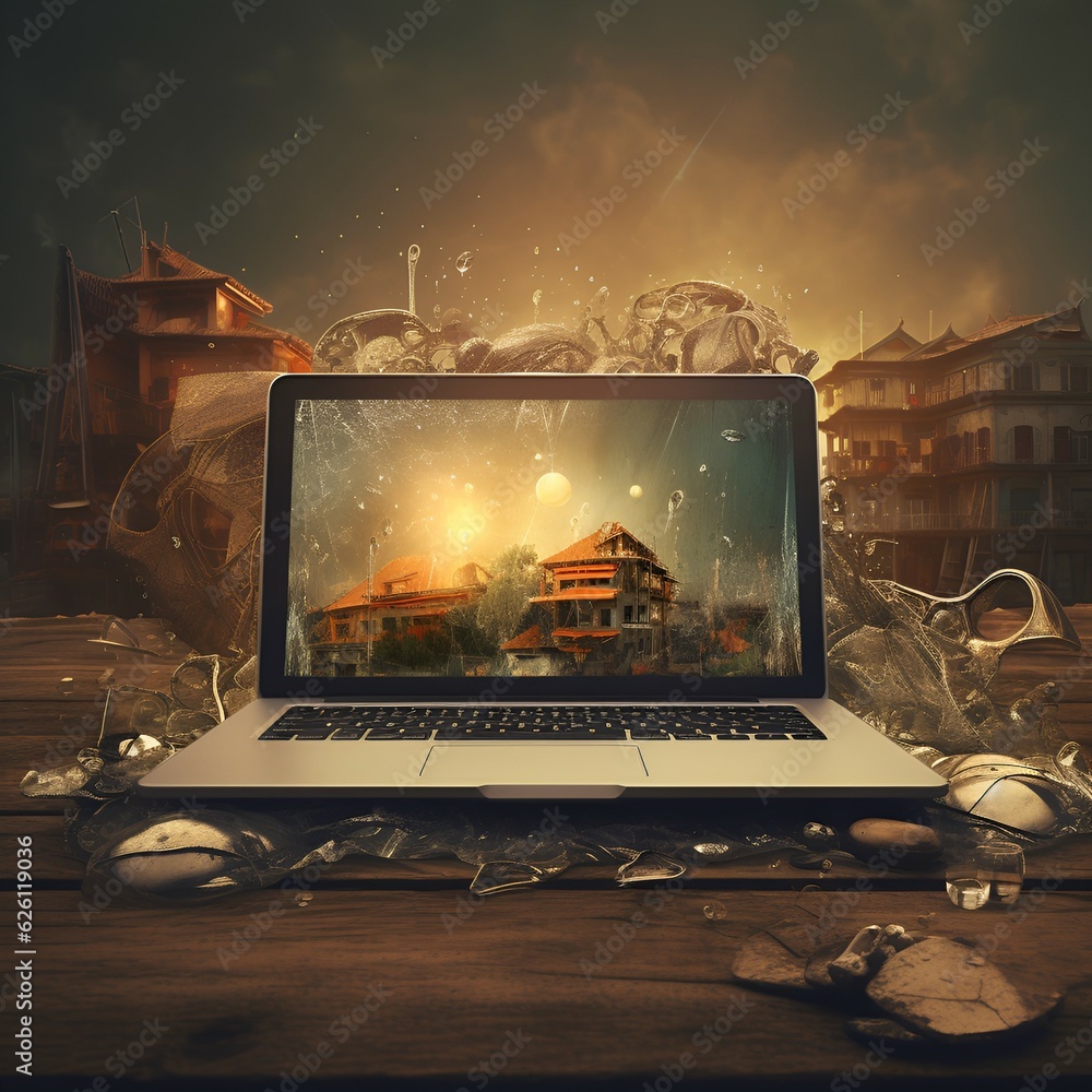 Naklejka premium laptop on the background of the sky #digital data transfer #technology wallpaper #programing #future #laptop #digital #01 #information #internet #technological revolution #imagination