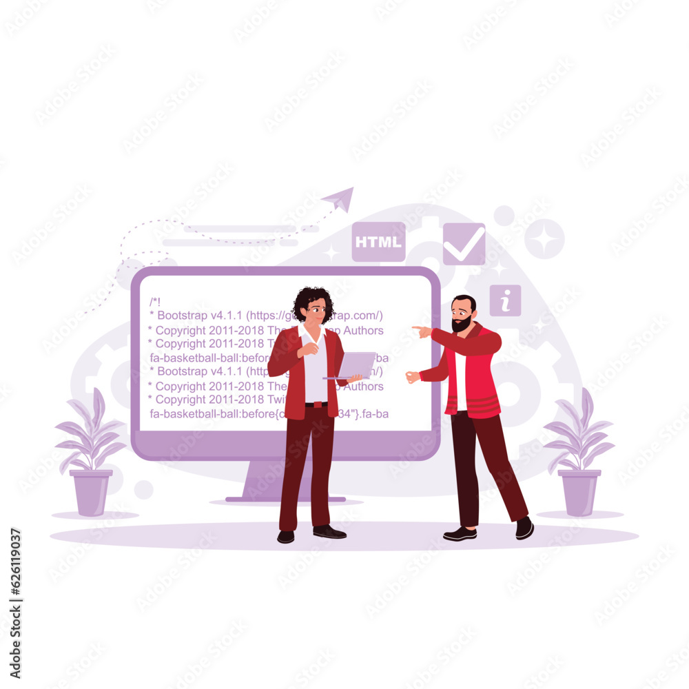 smiling bearded man pointing at a computer monitor while explaining web code to colleagues in the office. Trend Modern vector flat illustration smiling bearded man pointing at a computer monitor while explaining web code to colleagues in the office. Trend Modern vector flat illustration