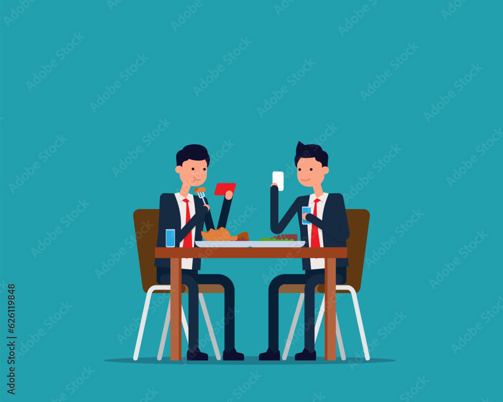 People uses a phone while having a meal. Technology impact on everyday life concept People uses a phone while having a meal. Technology impact on everyday life concept