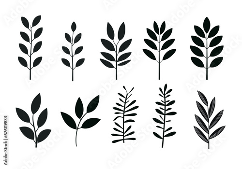 Set of black silhouettes of leaves on a white background. Vector illustration